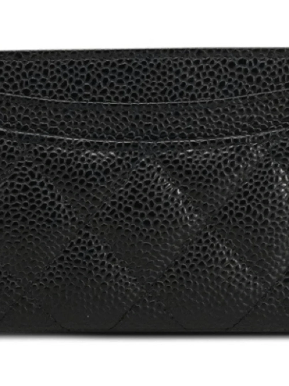 CHANEL Black Quilted Caviar Leather Card Holder with Silver CC logo